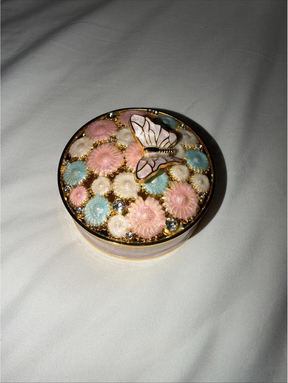 Jewelry Trinket Box Pink Enamel Hand Painted Crystals Gold Butterfly Flowers